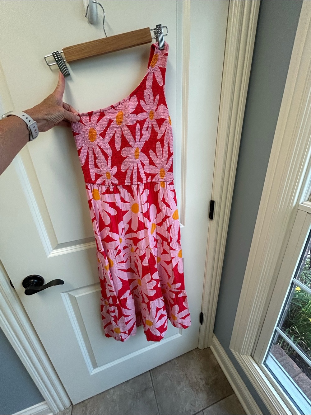 One-Shoulder Pink & Red Daisy Midi Dress s